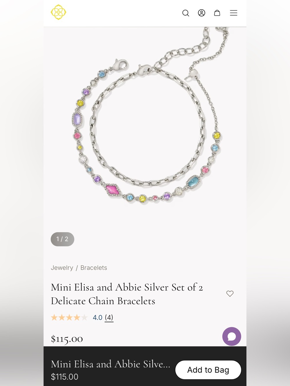 Kendra Scott Mini Elisa and Abbie Silver Set of 2 Delicate Chain Bracelets